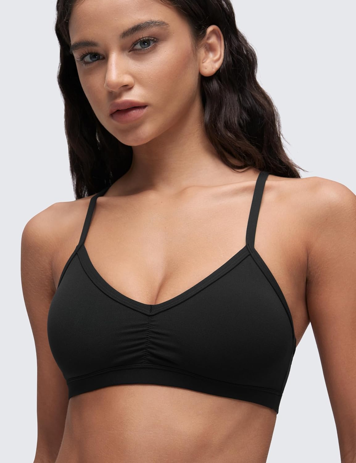 CRZ YOGA Butterluxe Sports Bra for Women - V Neck, Wireless, Padded, Thin Strap Yoga Crop Top