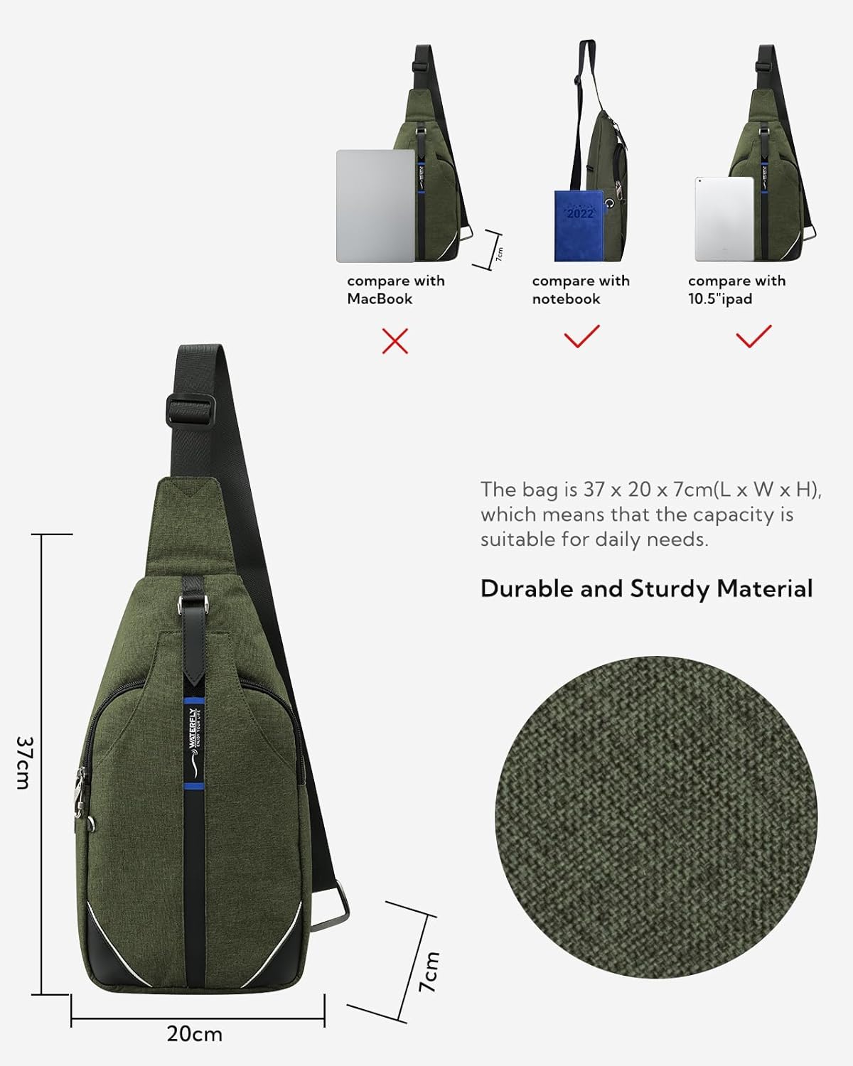 WATERFLY Medium Crossbody Sling Backpack - Anti-Theft Travel Chest Shoulder Bag