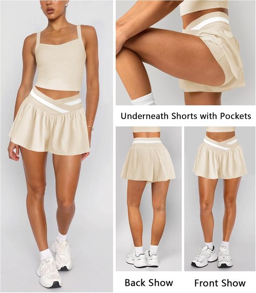 Hragc Women's High-Waisted 2-in-1 Athletic Workout Shorts - Flowy Butterfly Design with Pockets