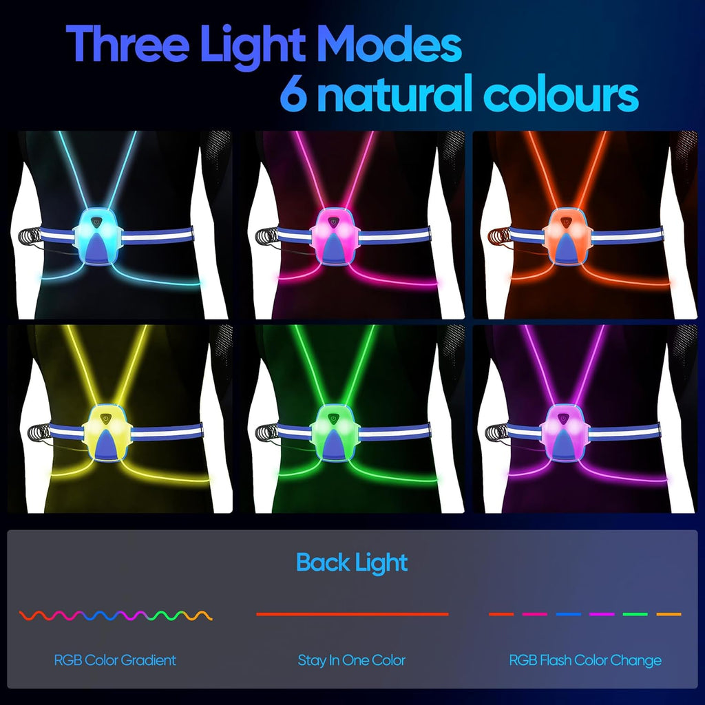 Skiennix LED Reflective Running Vest - USB Rechargeable Safety Lights for Men & Women | 3 Modes, 7 Colors