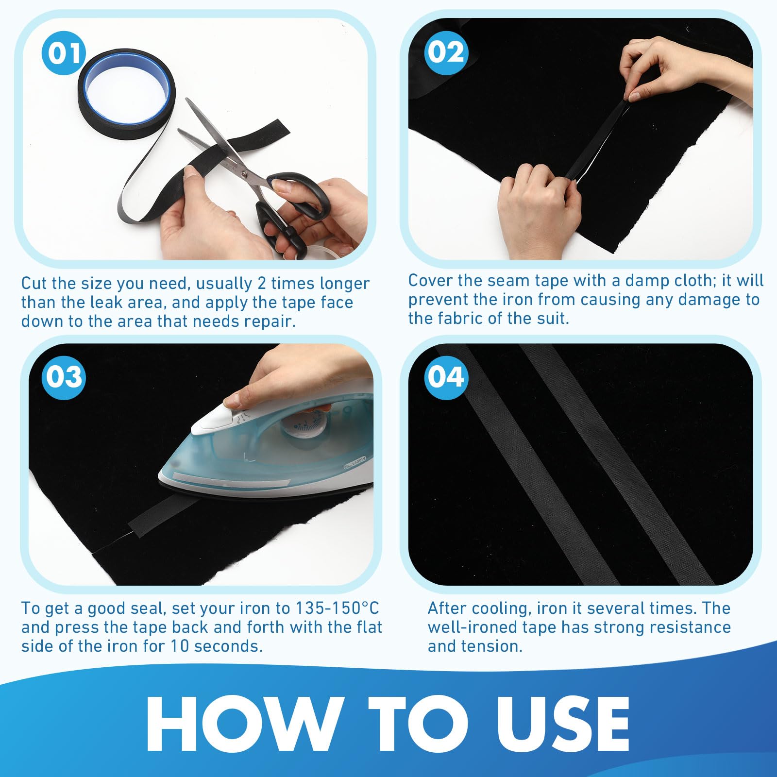VioraWhite 2 Rolls Wetsuit Repair Iron On Seam Tape 0.8 Inch 16.4 Ft Waterproof Sealing Patch for Neoprene Wetsuit Drysuit Fishing Suits Industrial Standard Carrier Material Black Color