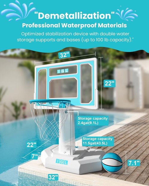 IGL Pool Basketball Hoop - Durable Outdoor Poolside Design with Water Storage Base & 2 Balls | Stainless Steel Rim