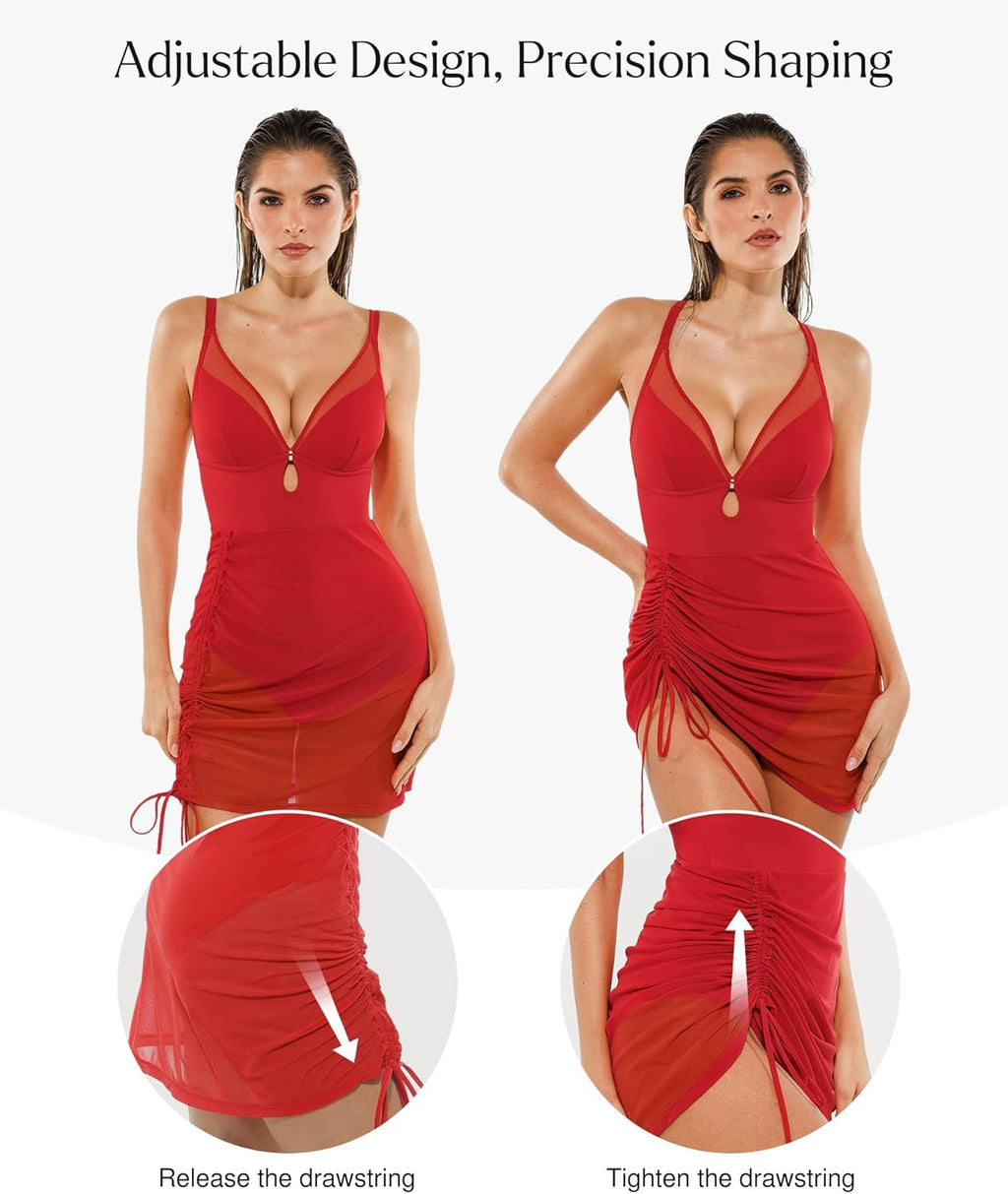 Popilush One-Piece Swim Dress for Women - Tummy Control & Slimming Mesh Sheer Wraps