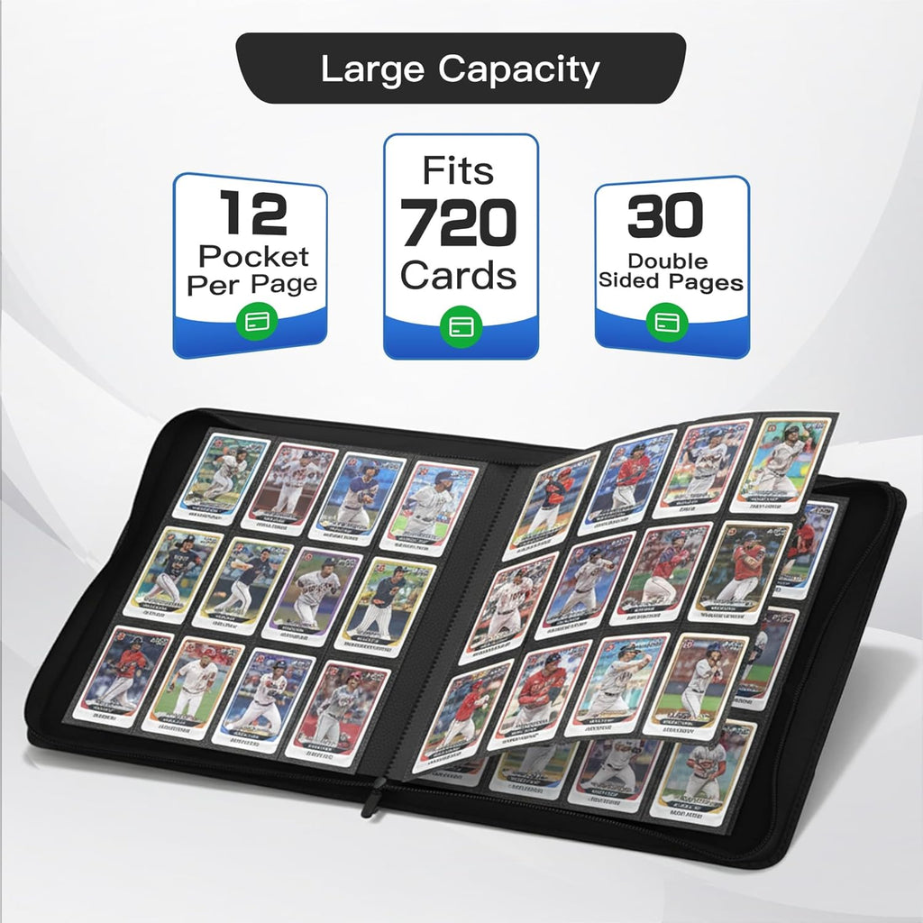 Skiennix Premium Card Binder - 12 Pocket Album for 720 Trading Cards | Durable PU Zipper, Black