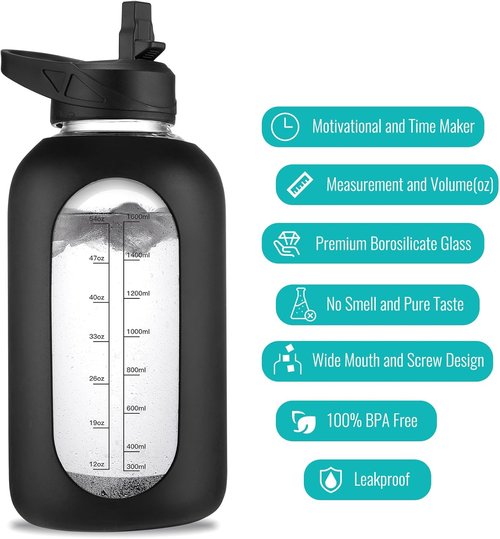 EALGRO 64 oz Glass Water Bottle - Motivational Half Gallon Jug with Straw & Handle | Sage Color