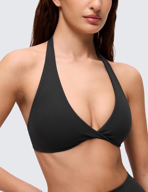 CRZ YOGA Butterluxe Sports Bra - Double Lined Deep V Neck Crop Top with Open Back | Non-Padded Design