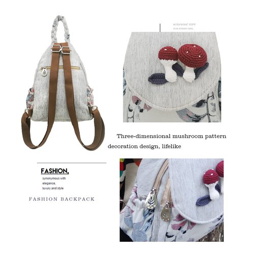 HUANGGUOSHU Women Cotton Woven Bohemian Hemp Boho Canvas Embroidery Multi Pocket Retro Cute Backpack Wallet Backpack（Mushroom）
