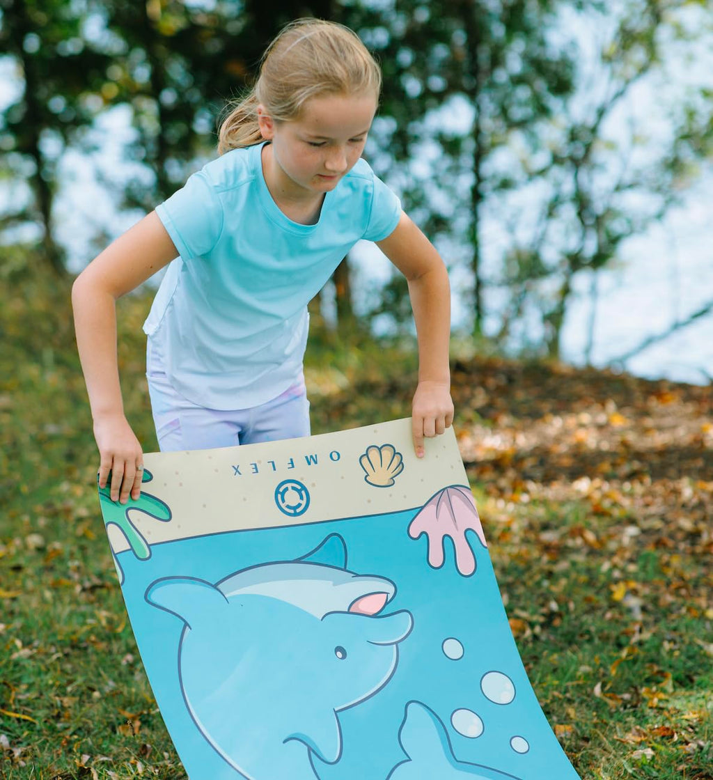 Omflex Kids Yoga Mat with Carrying Strap – 60"x24" Non-Slip Premium Exercise Mat for Kids, 3mm Thick Non-Toxic, PVC-Free Play Mat for Children, Dolphin, Car & Supergirl Designs (Dolphin)