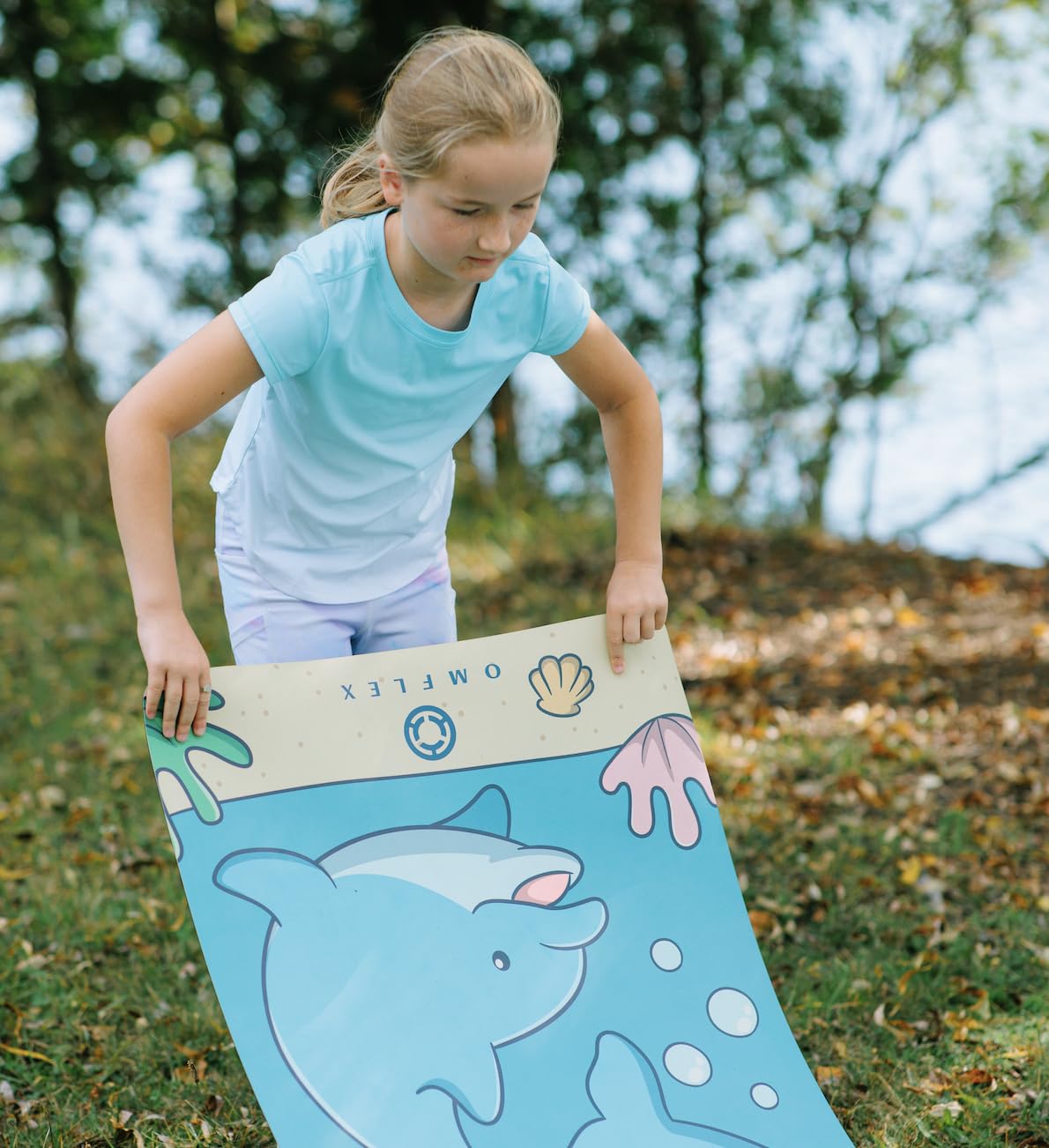 Omflex Kids Yoga Mat with Carrying Strap – 60"x24" Non-Slip Premium Exercise Mat for Kids, 3mm Thick Non-Toxic, PVC-Free Play Mat for Children, Dolphin, Car & Supergirl Designs (Dolphin)