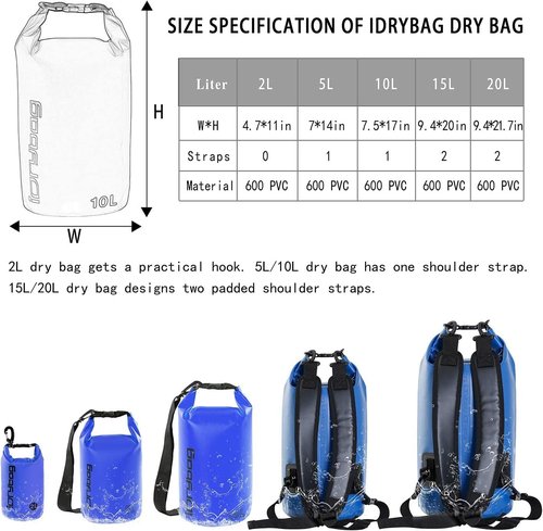 IDRYBAG Waterproof Dry Bag for Kayaking | Versatile Sizes 2L, 5L, 10L, 15L, 20L for Boating