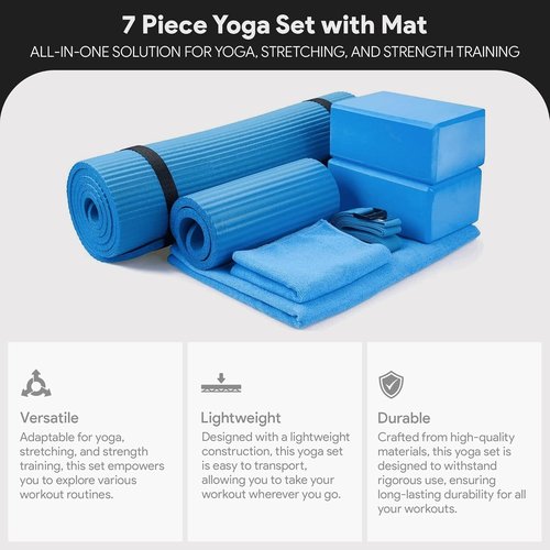 BalanceFrom 7-Piece Yoga Set - Extra Thick 71x24x0.5 Inches Mat with Carrying Sling | Includes 2 Blocks, Strap, Towels & Knee Pad