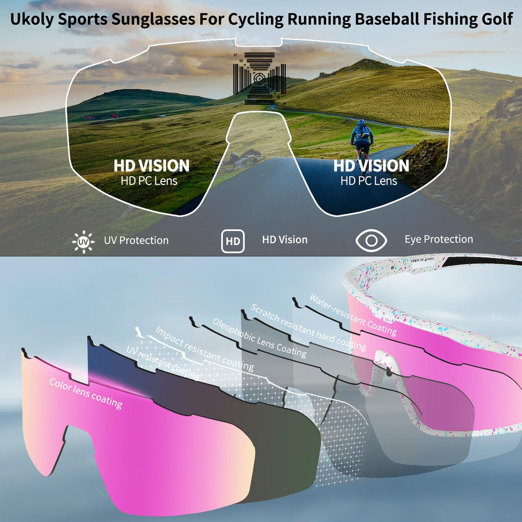 Ukoly Cycling Glasses Running Baseball Fishing Golf Sunglasses For Men Women,Sports Sunglasses HD Lens UV400coating 620 Pink