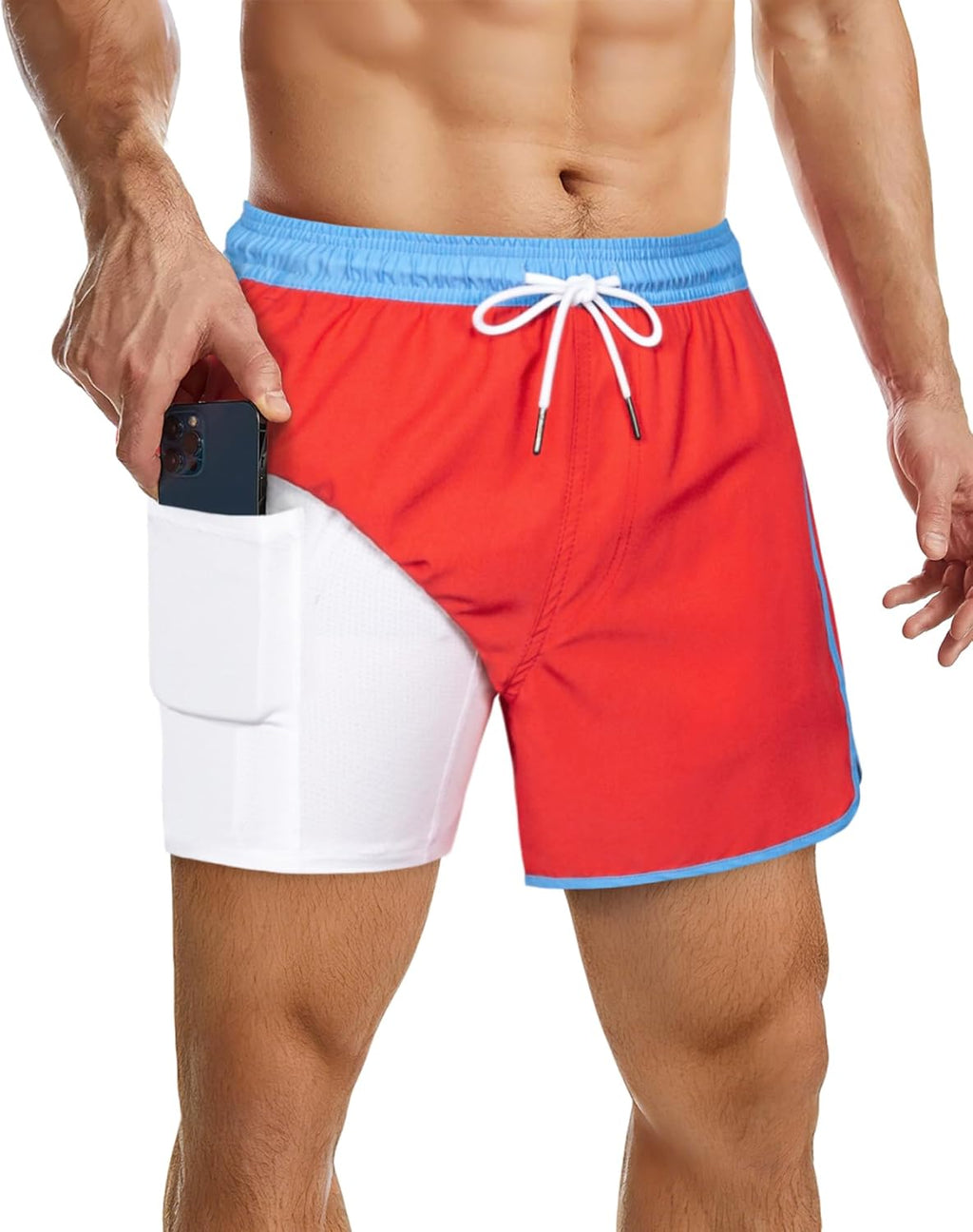 SURF CUZ Mens Swim Trunks with Compression Liner 5" Swimming Trunks 5 Inch Retro Swim Shorts with Zipper Pockets