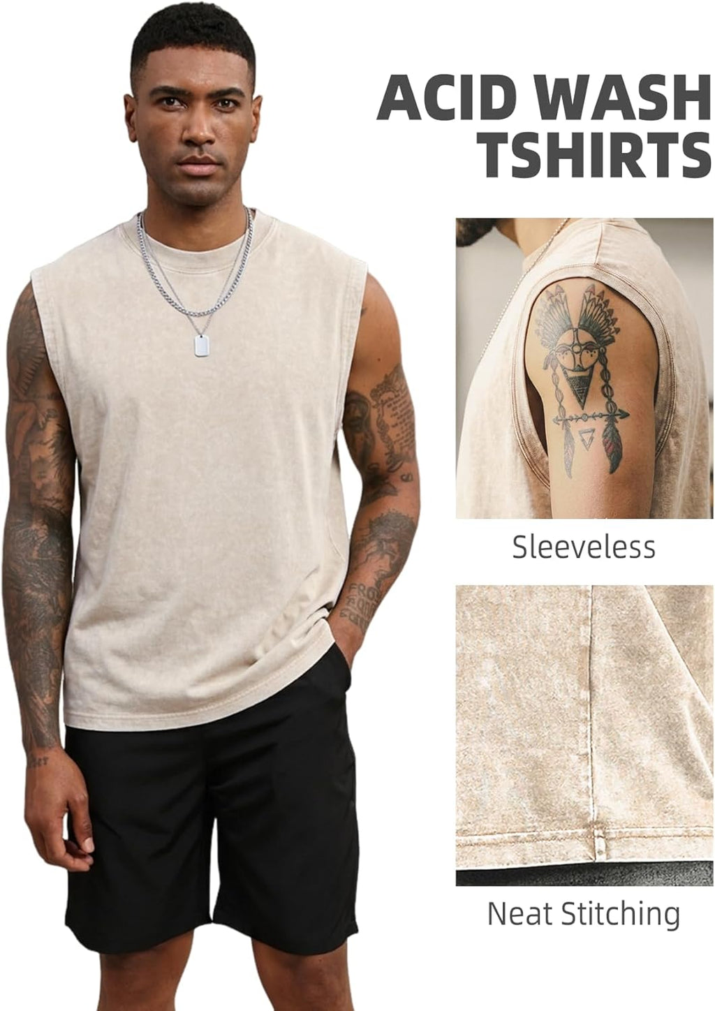 Arssm Sleeveless Tank Tops for Men - Cotton Acid Wash Muscle Workout Tees | Comfortable Fit