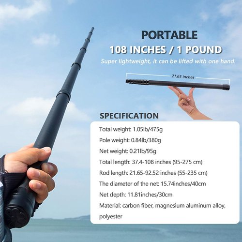 Carbon Fiber Extendable Fishing Net - 9ft/11.15ft Telescoping Handle | Rubber Coated, Holds Up to 20lbs