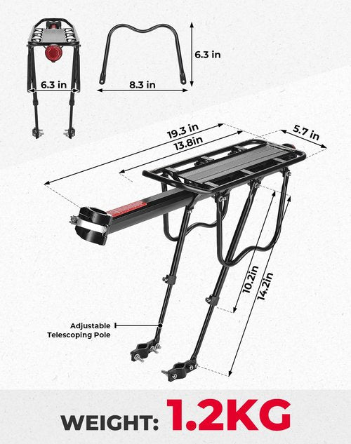 KEMIMOTO Rear Bike Rack for Bicycle - 220 lbs Capacity Aluminium Alloy with Bungee Cord Bike Rack for Back of Bike Cargo Rack Carrier Quick Release Universal for 22-28 Inch Bicycles