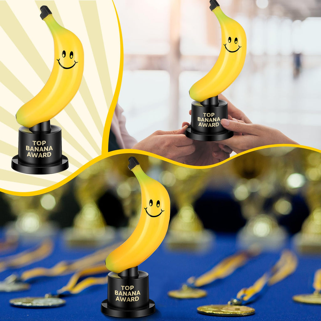 Tondiamo 12 Pcs Top Banana Award Trophy Plastic Cute Fun Award Trophy Smiling Yellow Banana on Black Stand Funny Trophies Gifts
