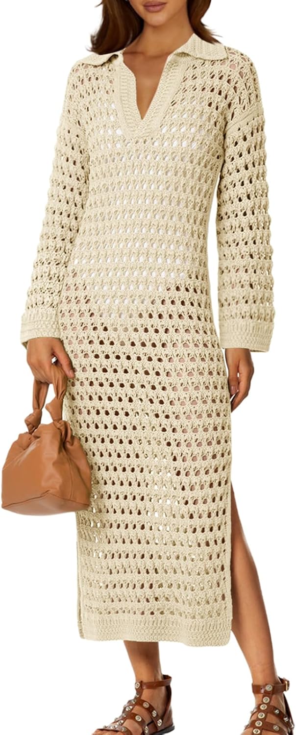 Saodimallsu Women's Crochet Swimsuit Cover-Up - V-Neck Long Sleeve Maxi Dress in Mesh Knit