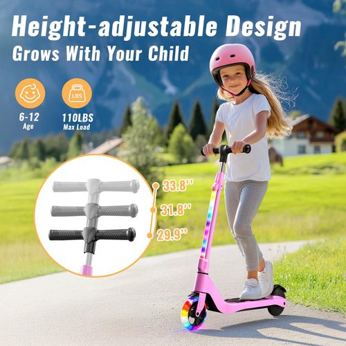 Electric Scooter for Kids Age 6-12, 60W Motor, 5Miles Range, 6.2mph, 5.3" Rubber Tires w/RGB Wheel Lights & 7-Color Headlight, 3 Adjustable Height, Anti-Slip Footpad/Handle, Rear Brake(Pink)