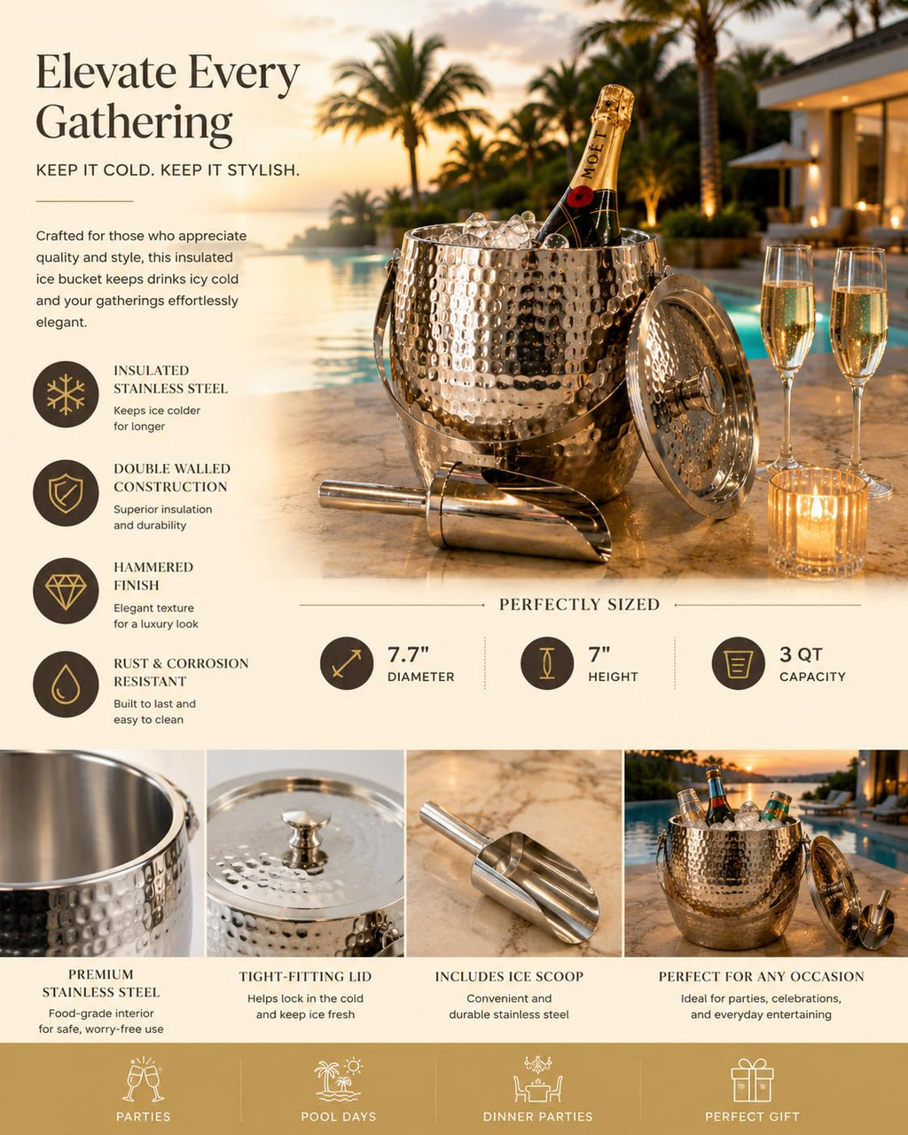 BREKX 3-QT Insulated Ice Buckets for Parties with Lid and Scoop - Iceberg Anchored Wine Chiller Champagne Bucket for Cocktail Bar, Metal Bucket with Lid, Non-Sweat