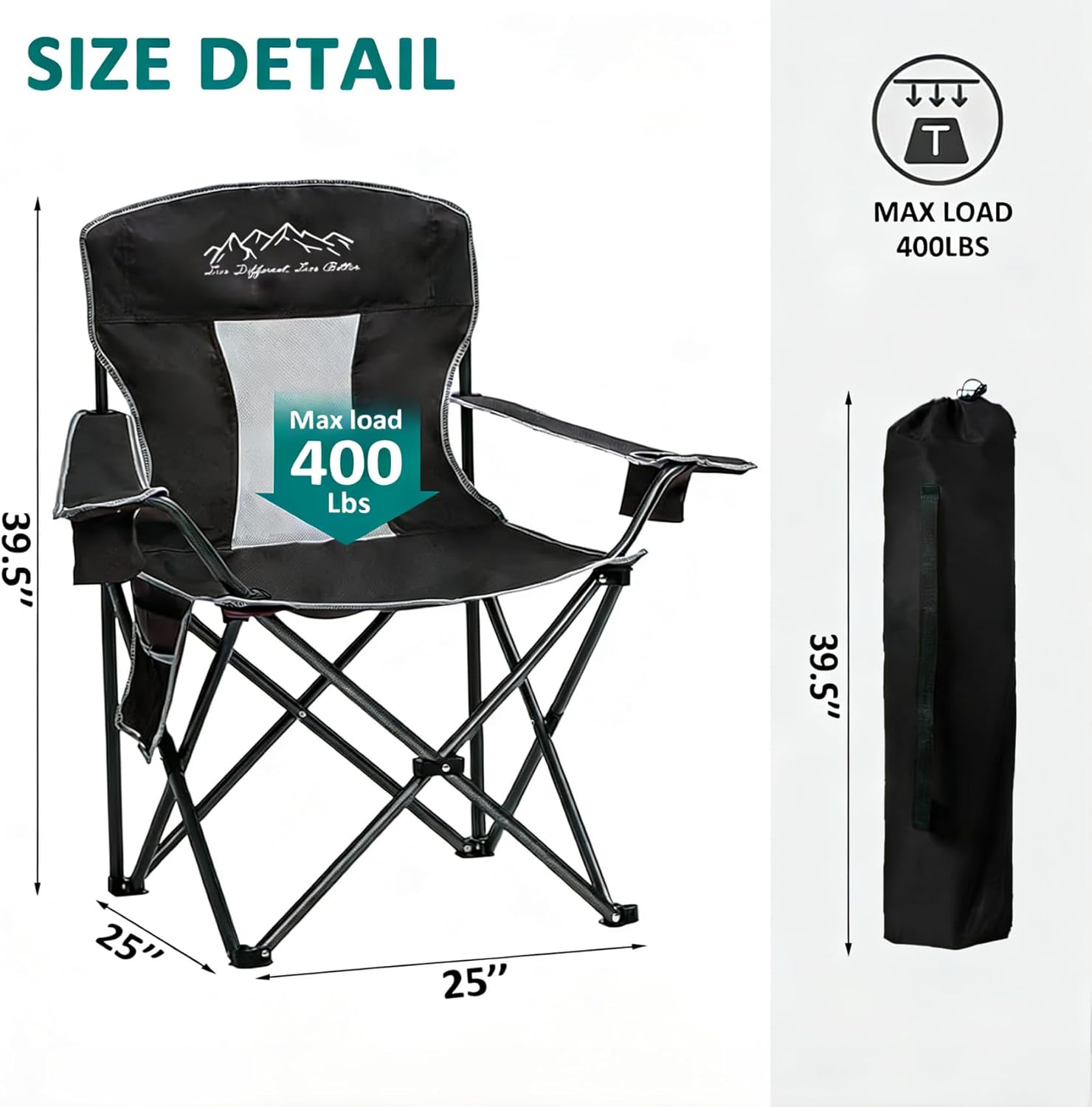 Skiennix Outdoor Folding Camping Chair - Breathable Mesh, 400lbs Capacity, Cup Holder & Storage Bag | Black