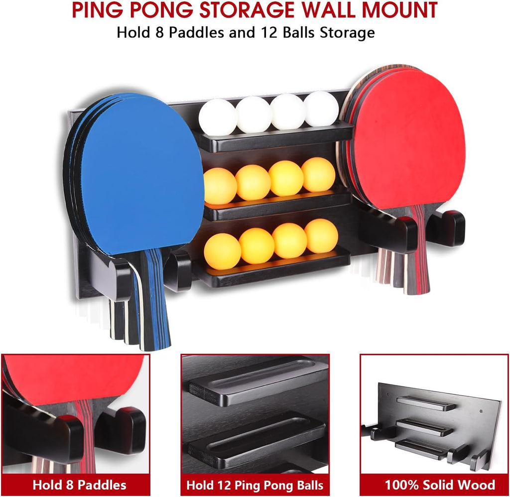Ping Pong Paddle Holder - Wall-Mounted Storage Rack for 8 Paddles & 12 Balls | Game Room Organizer