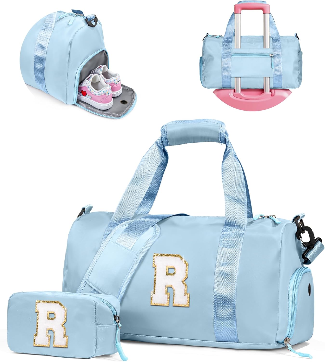 Skiennix Girls Gym Bag - Personalized Weekender Tote with Shoe Compartment & Makeup Pouch | Ideal Gift for 7-Year-Olds (Letter R)
