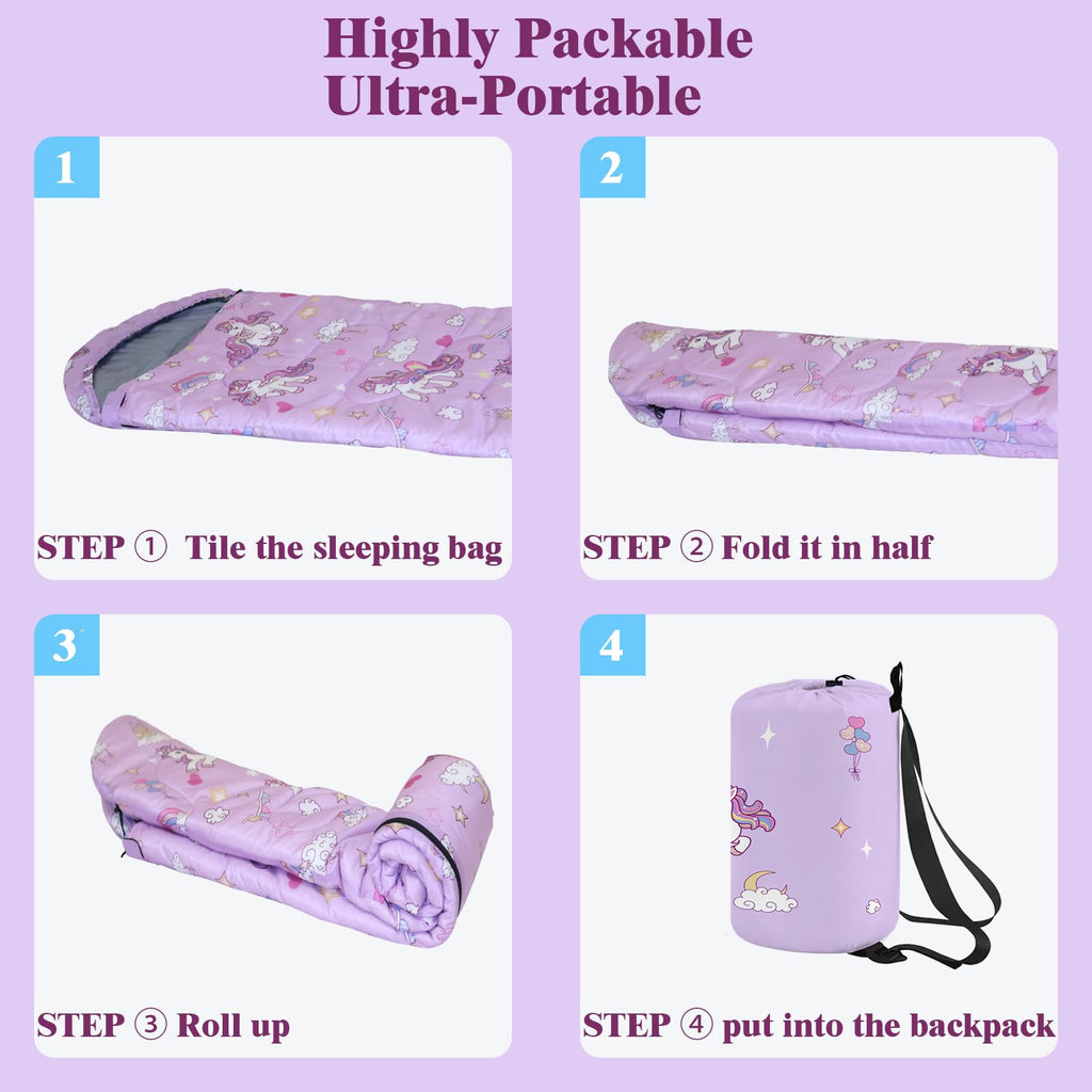 YOVOMEE Kids Sleeping Bag for Girls, 3 Season Sleeping Bag with Backpacking Bag, Warm & Cool Weather, Portable for Travel, Sleepovers, Indoor & Outdoor Camping, Machine Washable