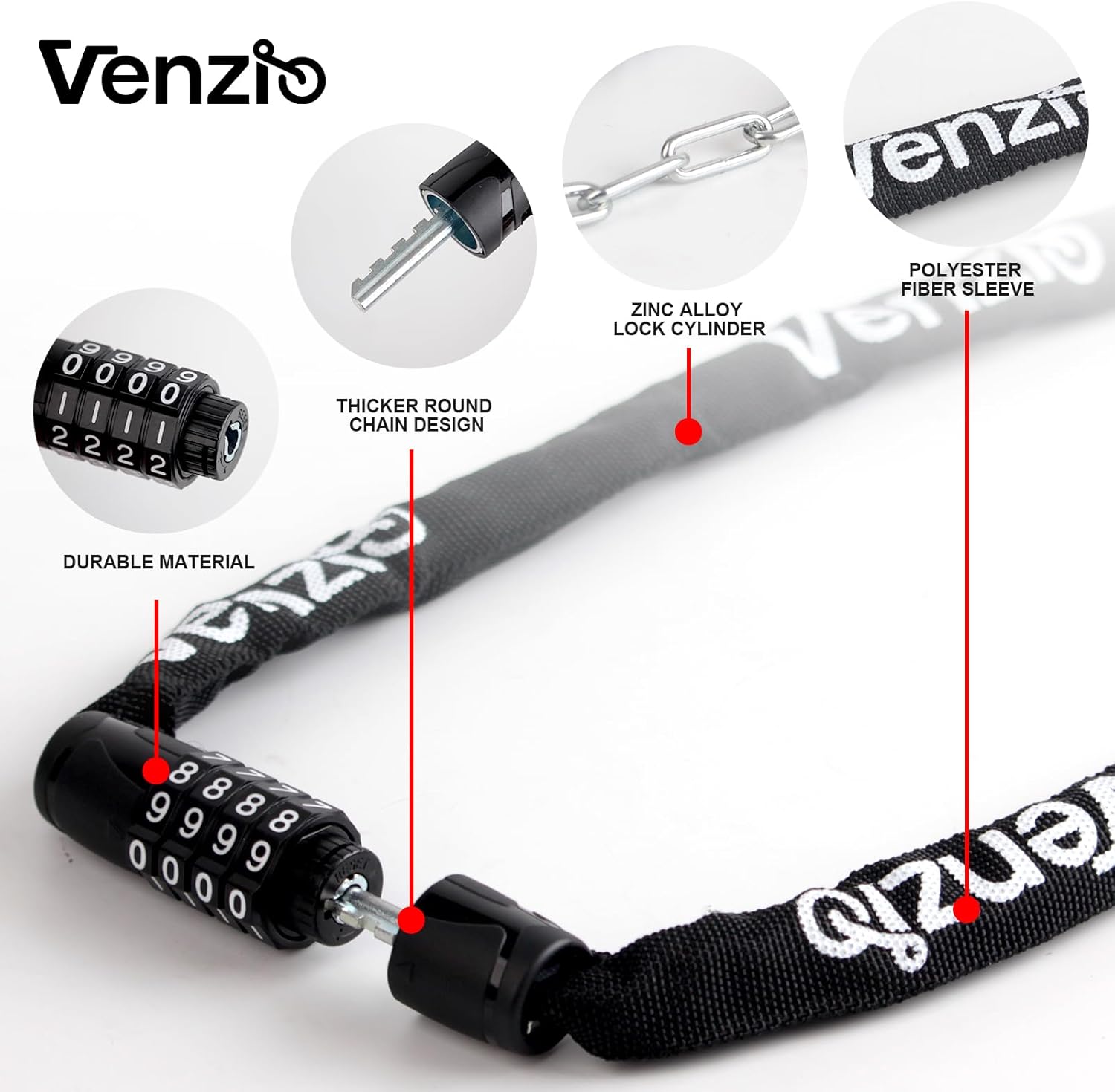 Venzio 4-Digit Combination Bike Chain Lock - Keyless Anti-Theft Security Lock | 4mm x 900mm (3FT)