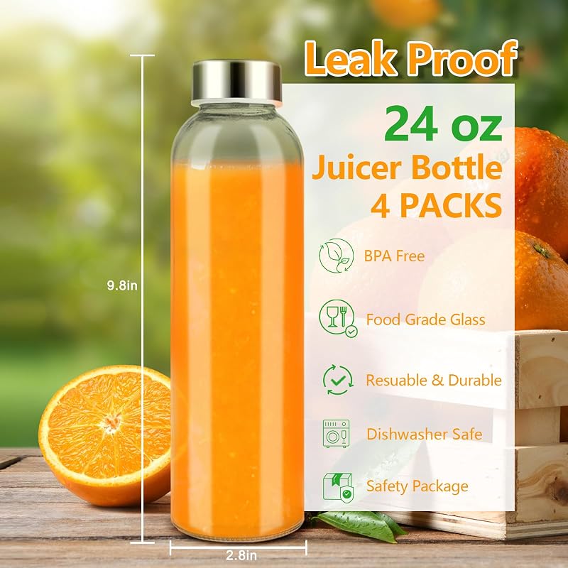 24 oz Clear Glass Juice Bottles with Stainless Steel Lids - 4 Pack (Variation: 24.0 fl oz, Silver Lids)