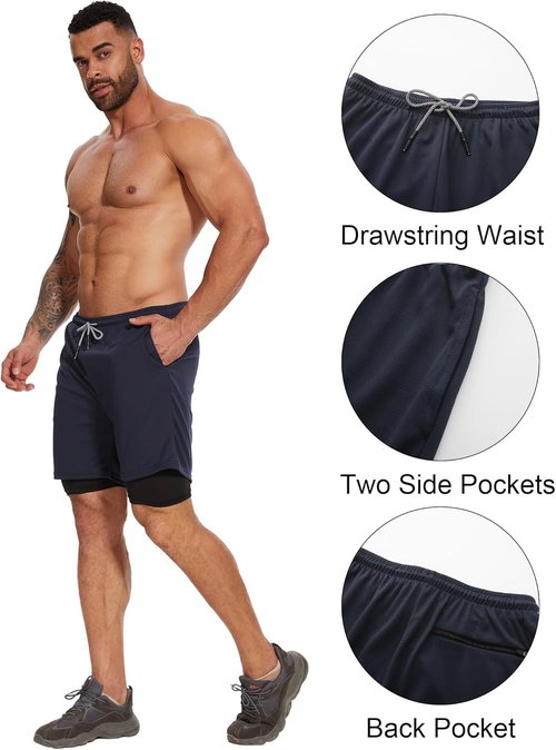 Kinglaman Men's 2-in-1 Running Shorts - Quick Dry Athletic Gym Shorts with Pockets | 4 Pack