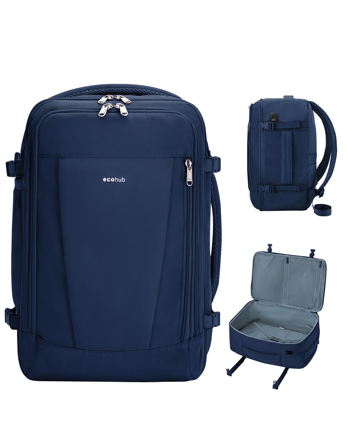 ECOHUB 17'' Travel Backpack, Personal Item Backpack with 13 Pockets, Flight Approved Carry on Backpack with USB Port & Luggage Sleeve, Travel bag for Men & Women, Water Resistant Backpack, Blue