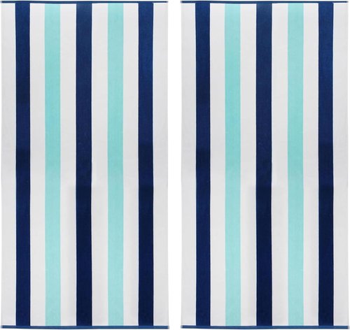 COTTON CRAFT Oversized XL Beach Towel - 100% Cotton Velour, 2 Pack, 39 x 68 Inches - Super Soft Luxury Cabana Stripe Blue