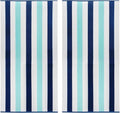 COTTON CRAFT Oversized XL Beach Towel - 100% Cotton Velour, 2 Pack, 39 x 68 Inches - Super Soft Luxury Cabana Stripe Blue