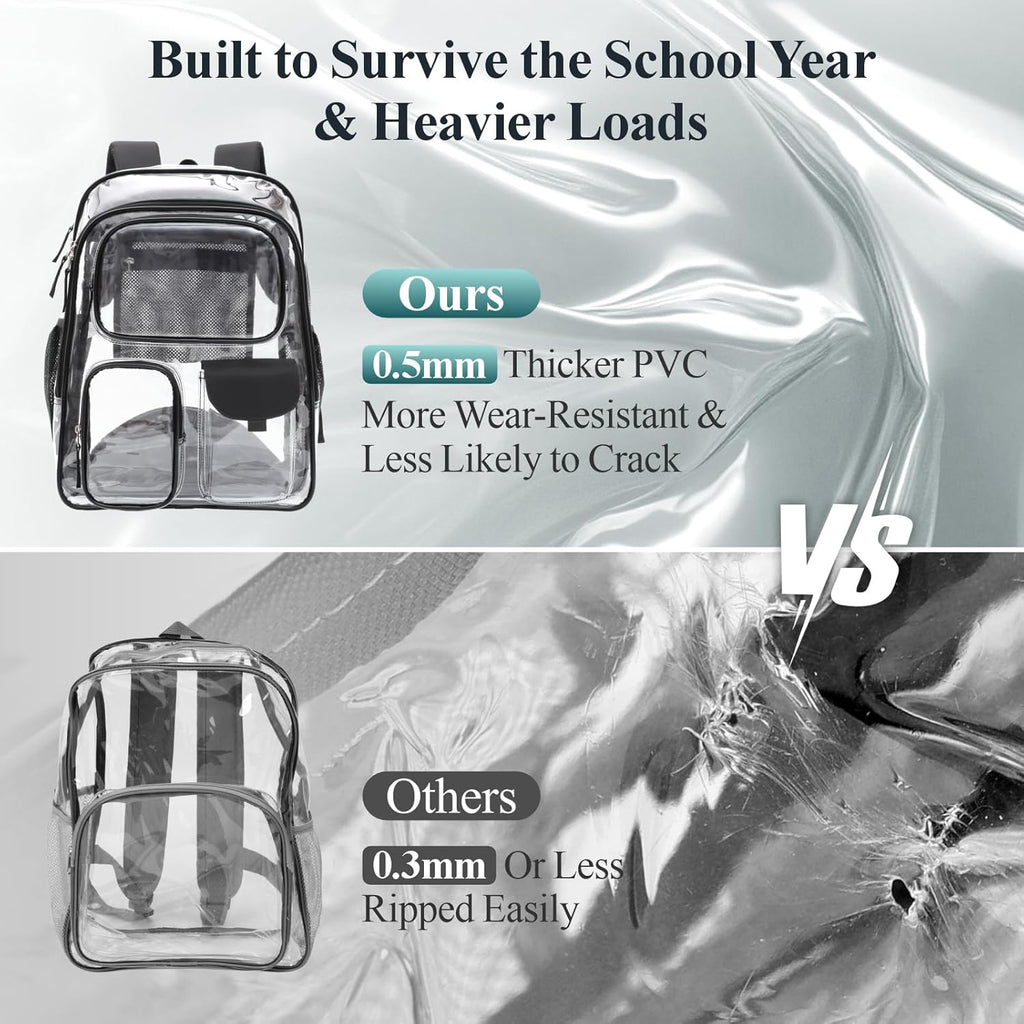 PACKISM Clear Backpack - 18 Inch Heavy Duty Transparent School Bag with 3 Front Pockets, Black