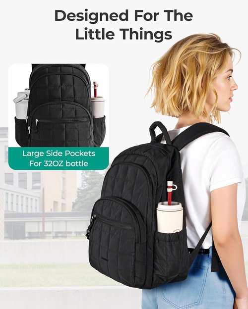 BAGSMART College Laptop Backpack - Water-Resistant Quilted Daypack for 15.6 Inch Laptop | Black