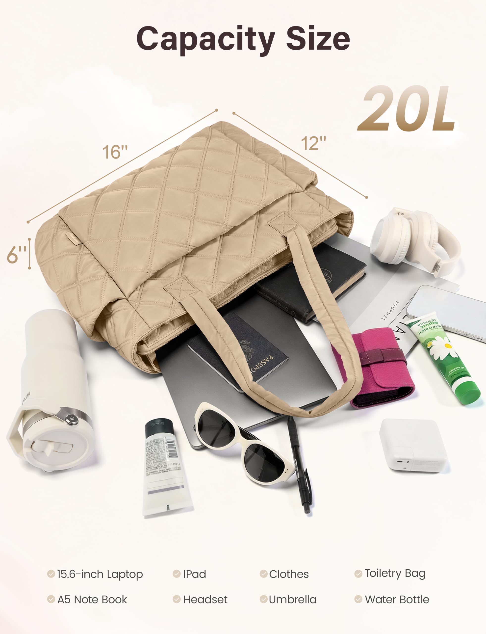 Uselike Tote Bag for Women, Lightweight Puffer Tote Work Bags with Compartments for Travel, Quilted Shoulder Bag with Zipper (Light Khaki)