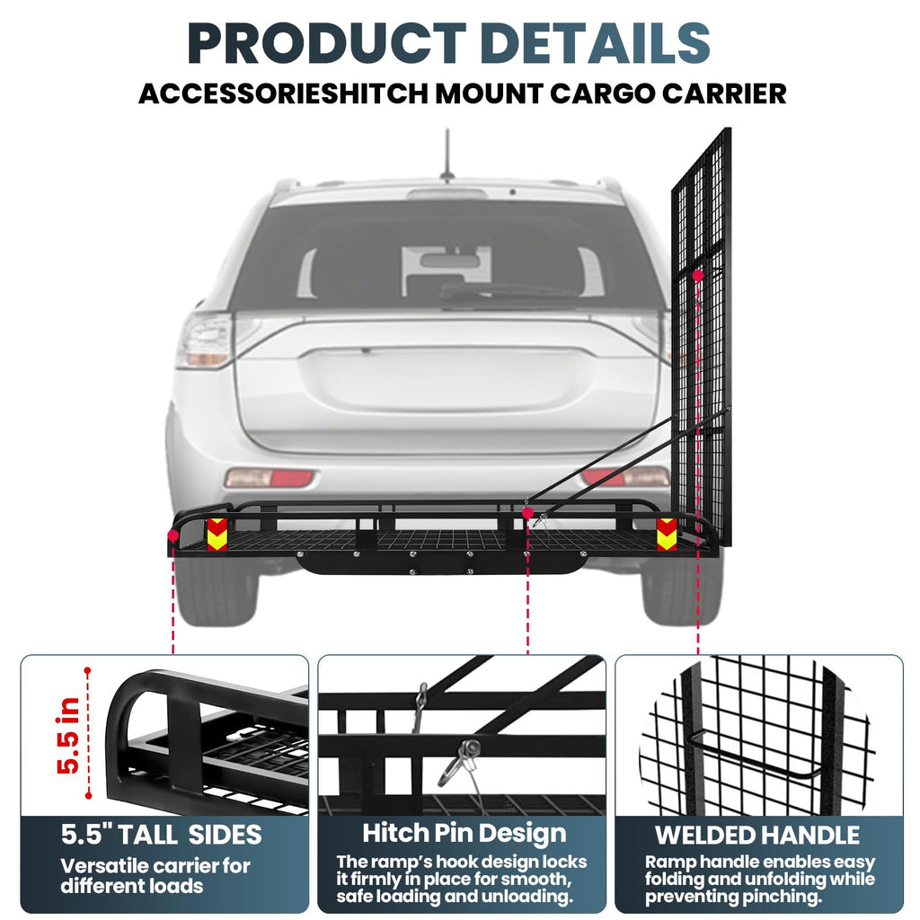 55"x34" Trailer Hitch Cargo Carrier, 1000LBS Hitch Cargo Carrier with Ramp, Folding Aluminum Alloy Mobility Scooter Carrier, Wheelchair Carrier for Car with 2" Receiver & Reflective Strips for Truck