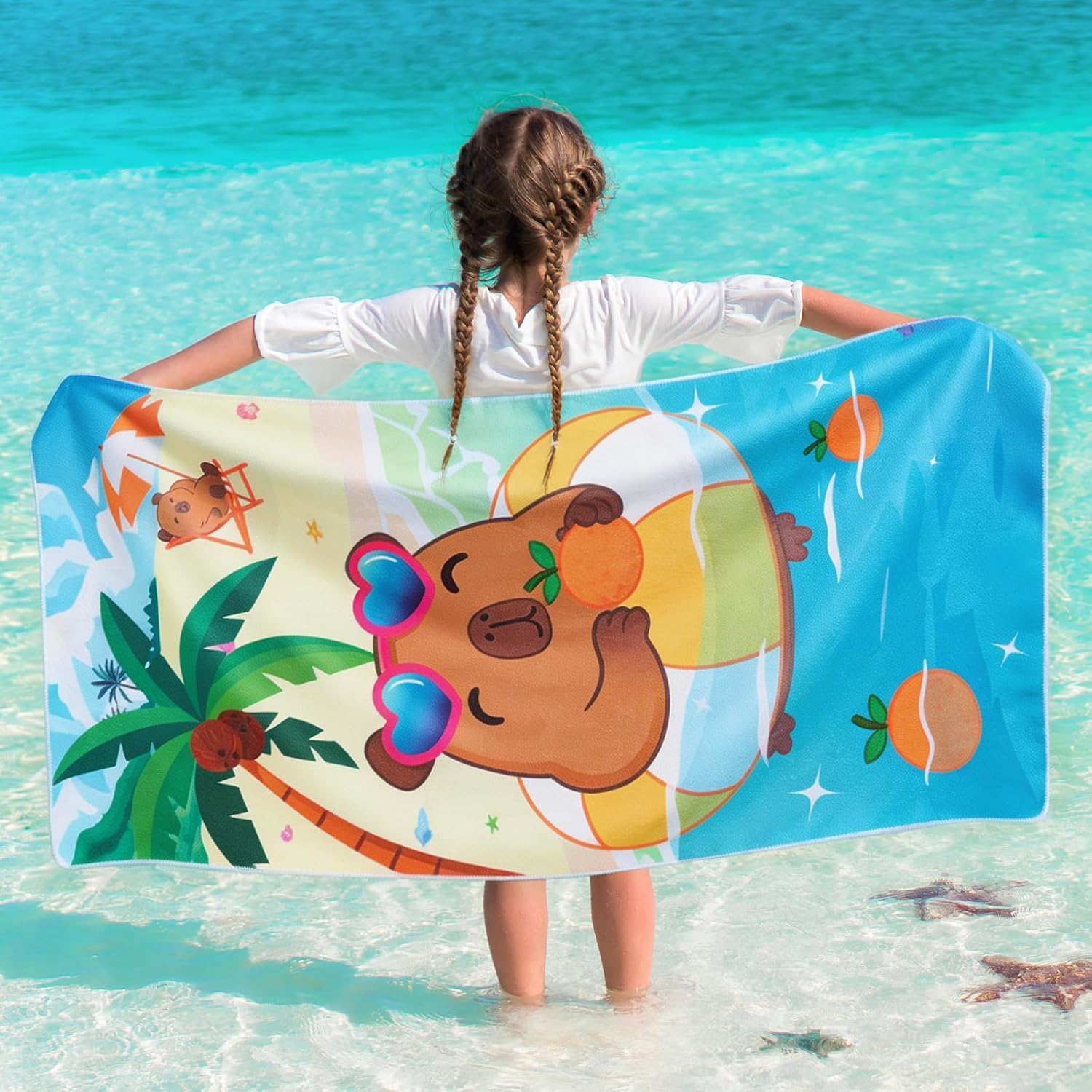 WERNNSAI Kids Beach Towel - Quick Dry, Sand-Free Capybara Design | 30” x 60” Soft Travel Towel