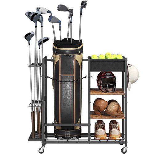 MAHANCRIS Golf Storage Organizer for Garage, Golf Bag Stand for Single Golf Bag and Equipment Accessories, Freestanding Golf Club Holder for Garage, Shed, Home, Basement, Rustic Brown BEHR17401