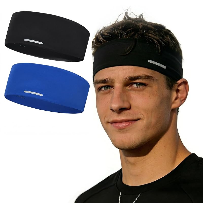 Sukeen 2-Pack Lightweight Mens Headband - Black/Blue, 8cm Sweat-Wicking, Anti-Slip