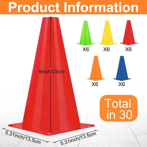 Hoteam 30-Piece 9-Inch Traffic Cones - Durable Plastic Agility Training Equipment for Soccer & Football Drills