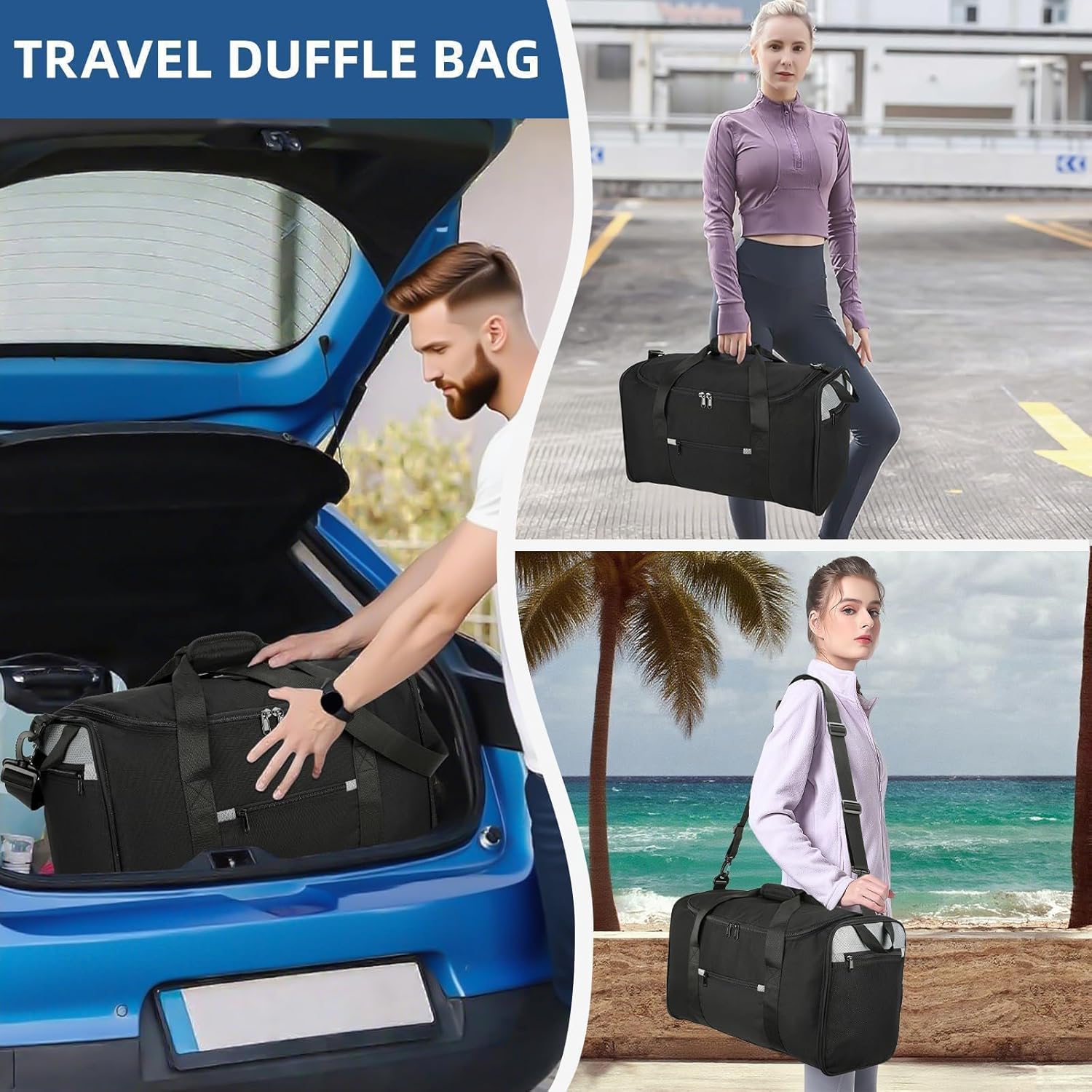 Skiennix 18-Inch Small Gym Bag - Foldable Black Duffel for Travel & Airplane Carry-On