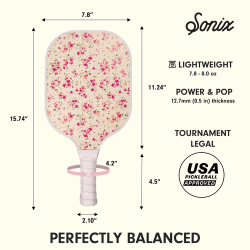 Sonix | Stylish Premium Pickleball Paddle | Fiberglass Surface, Non-Slip Cushion Grip| Single Pickle Ball Racket | Pink Floral Print | Cottage Floral Pink