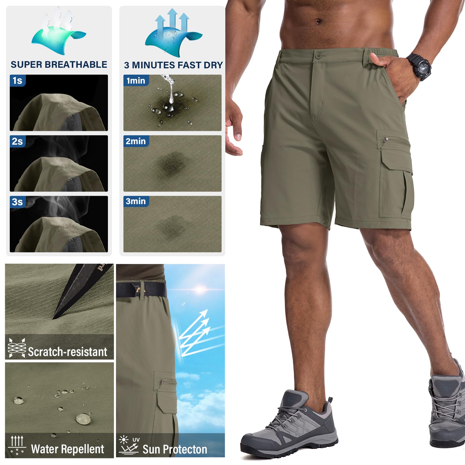 Jessie Kidden Mens Outdoor Casual Expandable Waist Lightweight Water Resistant Quick Dry Fishing Hiking Shorts (Light Green, 42)