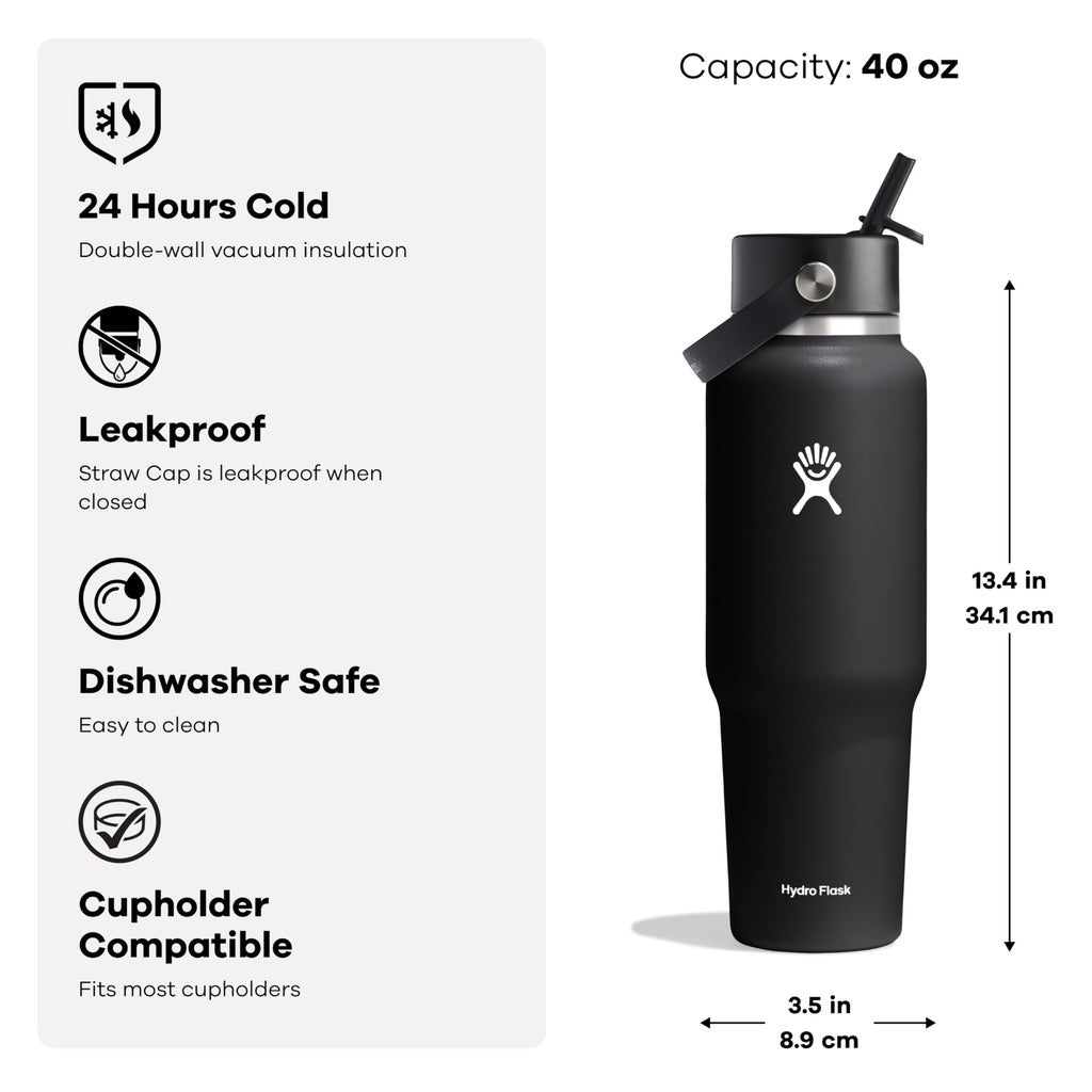 Hydro Flask Travel Water Bottle - Insulated Stainless Steel - Wide Straw Lid, Non Spill, Leakproof in 40 Oz Reef Pink