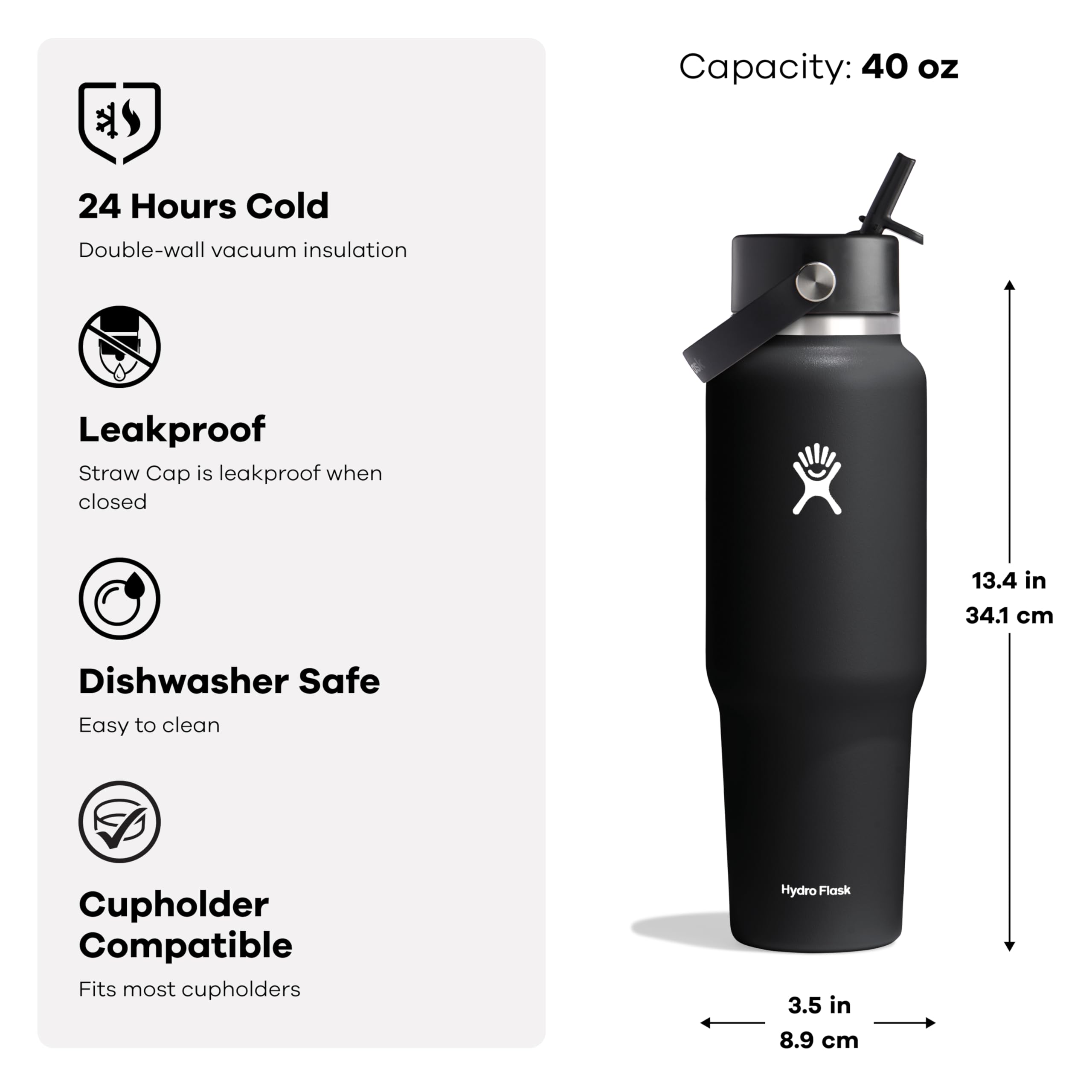 Hydro Flask Travel Water Bottle - Insulated Stainless Steel - Wide Straw Lid, Non Spill, Leakproof in 40 Oz Reef Pink