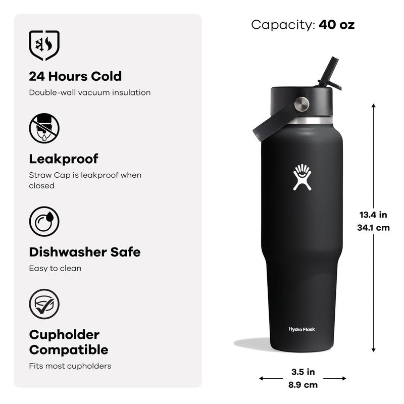 Hydro Flask Travel Water Bottle - Insulated Stainless Steel - Wide Straw Lid, Non Spill, Leakproof in 40 Oz Black