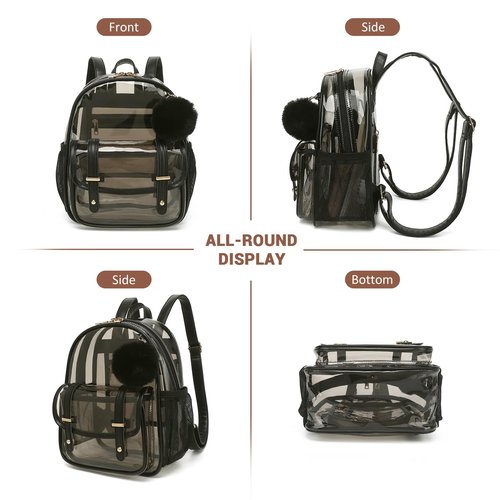 Clear Backpack for Stadium Events, 12x 12x 6 Small Transparent Backpack PVC Mini See Through Bag for Women Girls for Concert Festival, Semi-Black