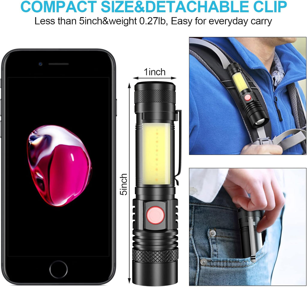 Skiennix Rechargeable Flashlight - Super Bright LED with COB Sidelight, Waterproof, 4 Modes, Tactical Design